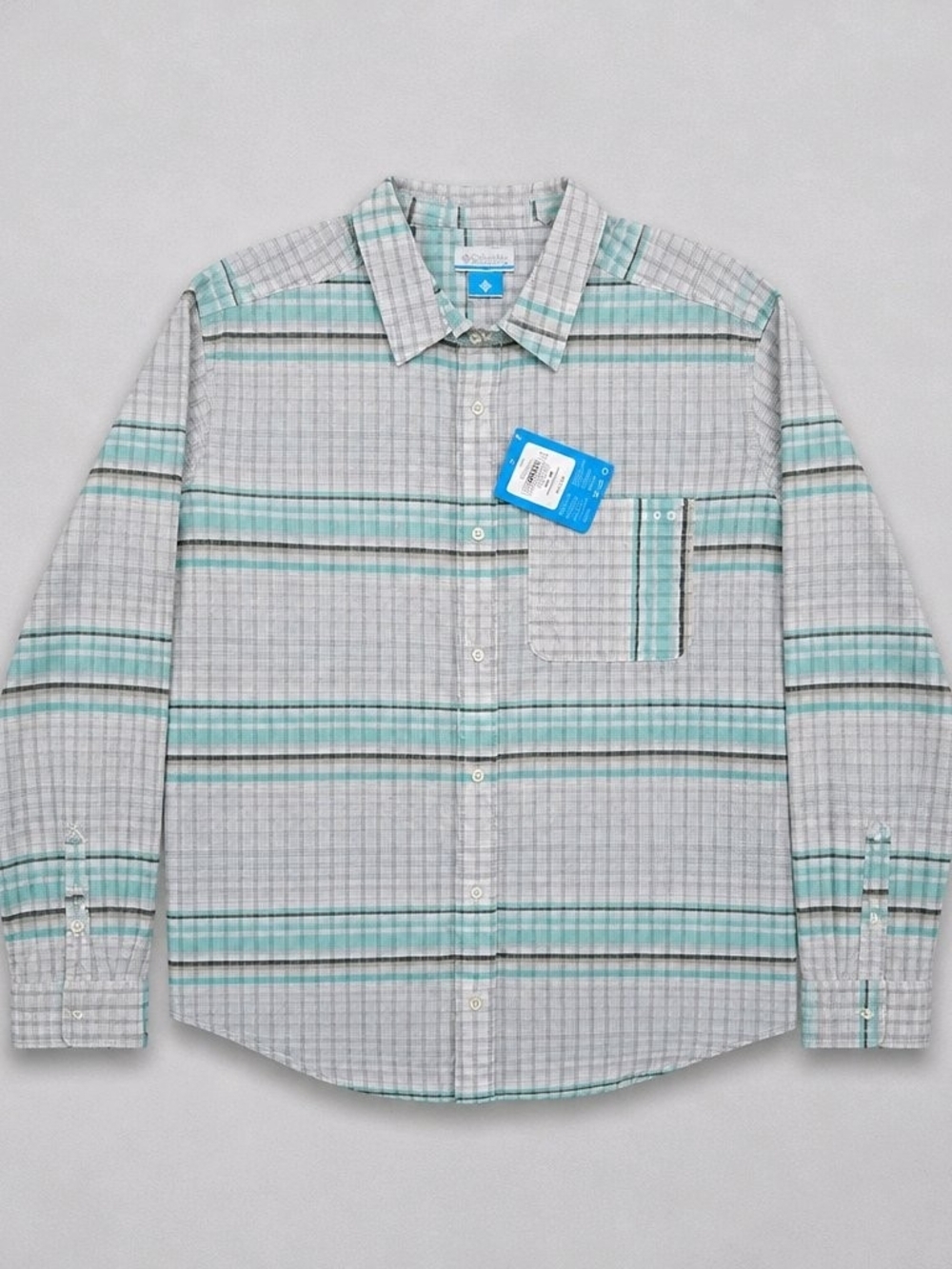 Columbia 1X Button-Down Plaid Shirt - Mint and Gray